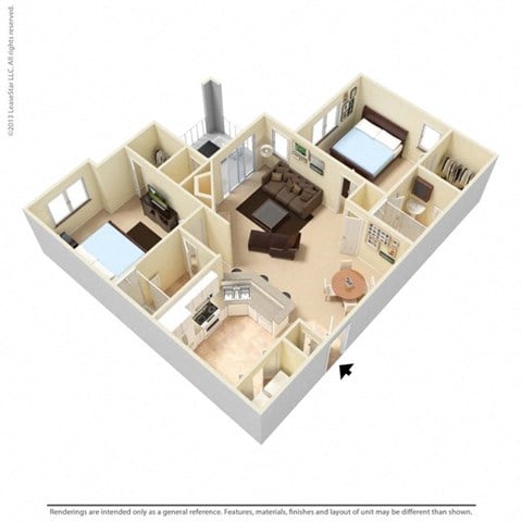Floor plan for 2 beds, 2 baths, 960 sqft